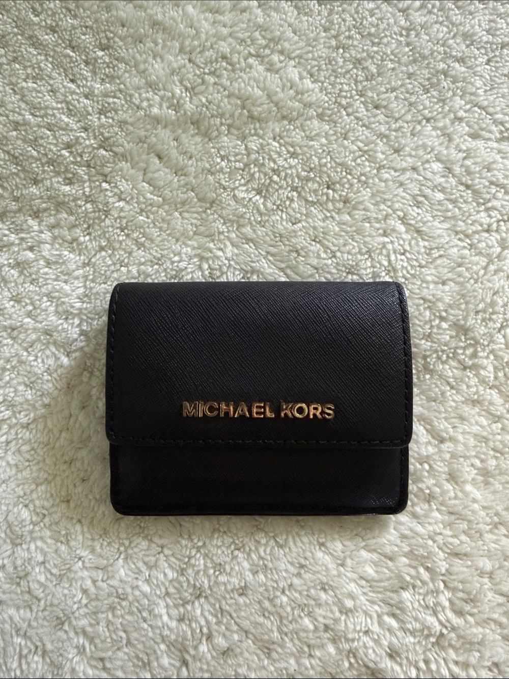 Michael Kors Black Leather Trifold Wallet with Gold Logo